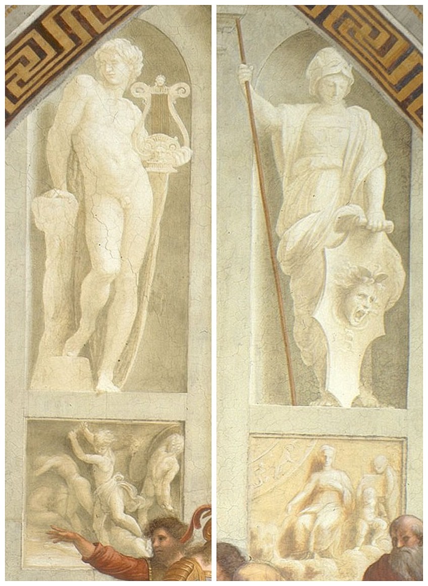 Sculptures dans le tableau de l'École d'Athènes